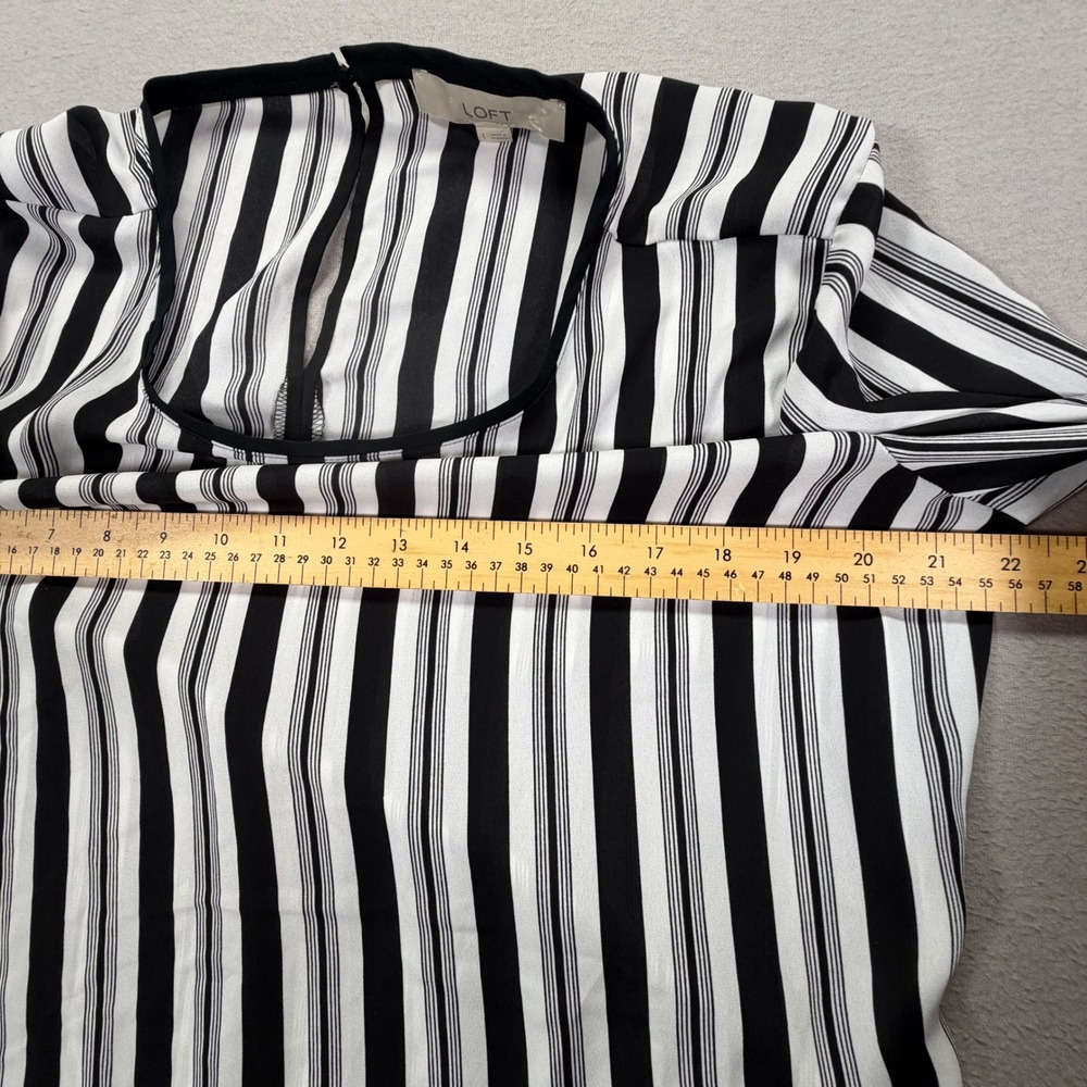 LOFT Blouse Womens Large Good Black White Striped Tiered Bell Sleeve Crew Neck - Picture 3 of 7